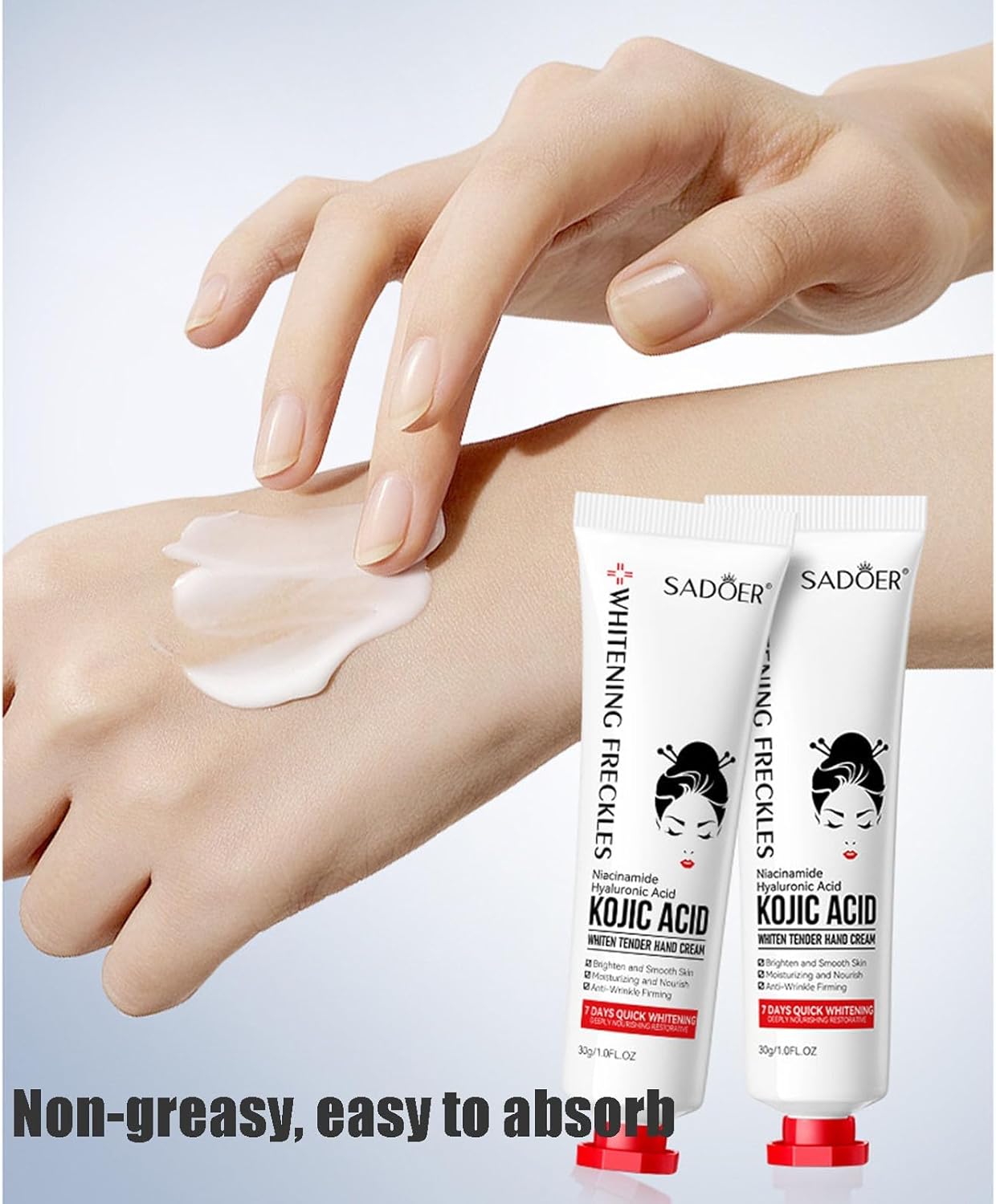 Kojic acid hand cream applied to hands